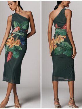 Anthropologie Green One-Shoulder Midi Dress with Tropical Floral Print